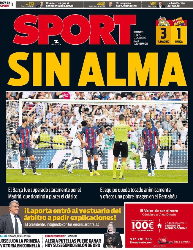 Diario Sport Frontpage after Clasico 2022-23 Season